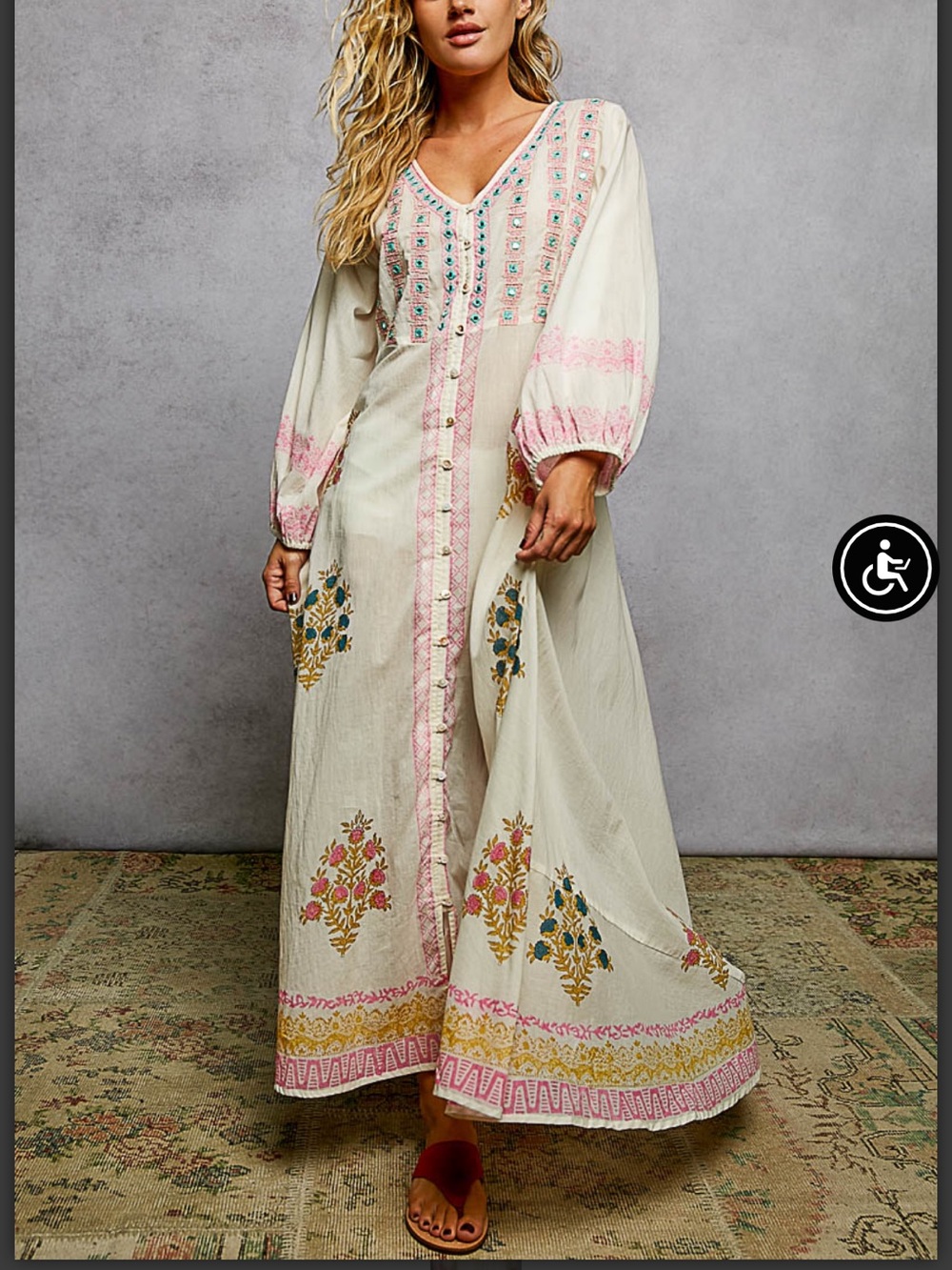 POL Boho Embroidered Cream Maxi Dress with Pink Accents - Picture 2 of 9